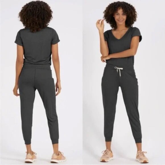 Vuori All Day Jumpsuit Charcoal Heather Short Sleeve V-Neck One Piece XS Gray - Picture 3 of 14